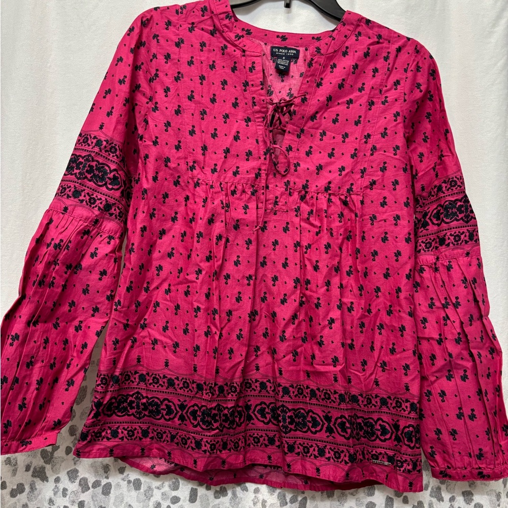 U.S. Polo Assn. Pink Long Sleeve Blouse with Tie Front